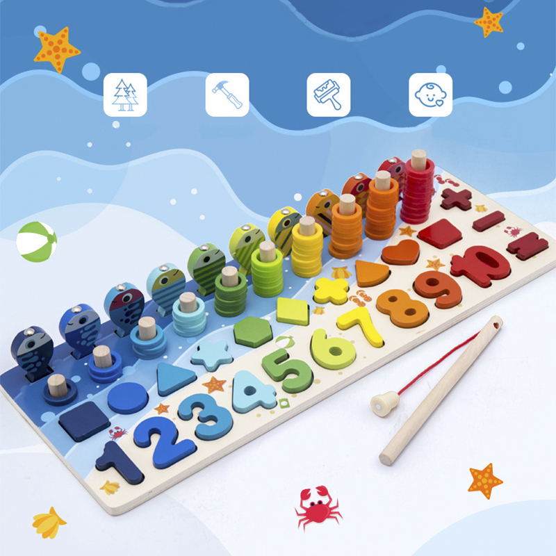 Board Game Harvest - 3D 木製ブロック子供用モンテッソーリオーシャンスタイル磁気釣りボードゲーム数字形状マッチングブロック知育玩具