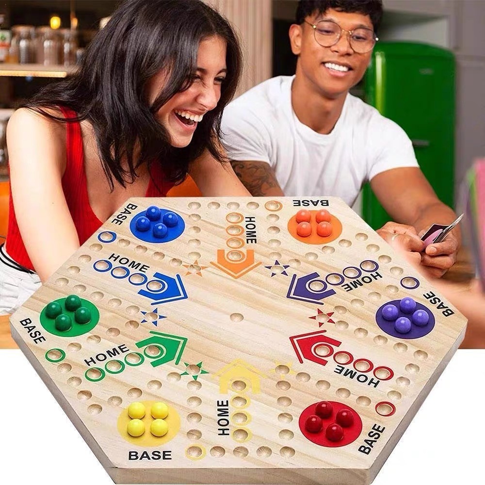 Board Game Ludo - 大理石ゲームボードゲーム両面塗装木製ファストトラックボードゲーム（6人用と4人用）、6色、24個のビー玉+6個のサイコロ
